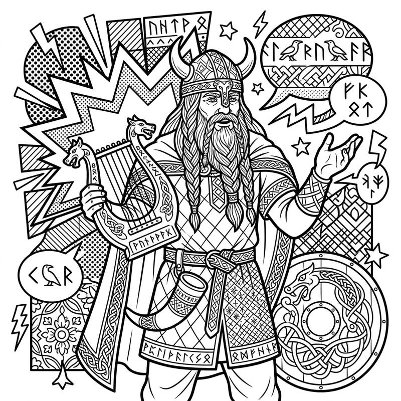 Journey back to the age of Norse legends with this captivating Viking Skald coloring page, brought to life in a dynamic Pop Art style. Immerse yourself in the world of ancient bards and vibrant artistic flair as you color this unique design.
