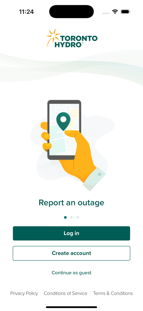Pantalla de bienvenida de la aplicación móvil de Toronto Hydro con opciones para reportar un corte de luz e iniciar sesión