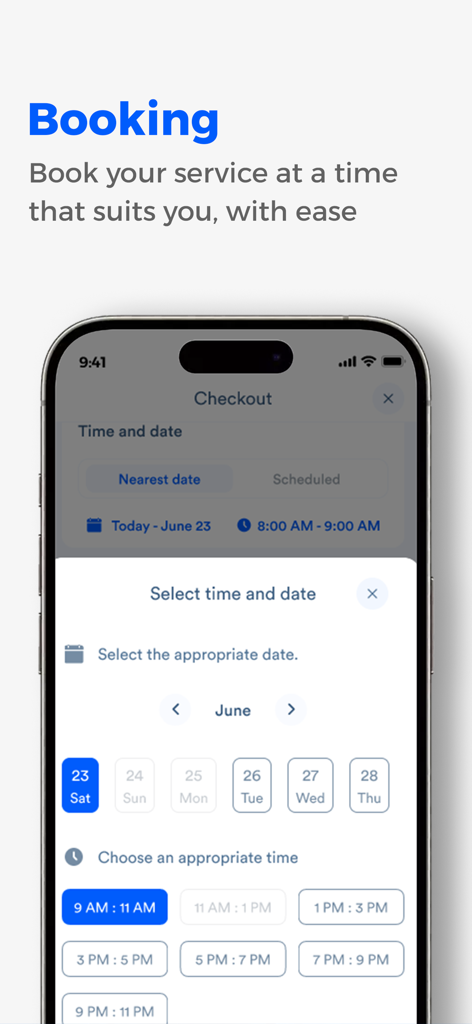 The Ajeer app booking screen displaying date and time selection options for home maintenance services.