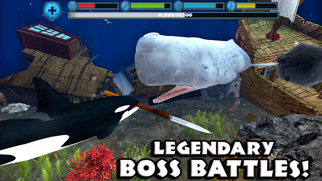 Orca Simulator - An orca fighting a giant sperm whale in an underwater boss battle near a shipwreck
