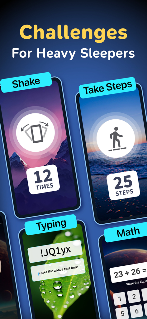 Alarm Clock ◎ - 寝坊助さん向けの、振って起きる、歩く、タイピング、数学ミッションを含む、目覚まし時計アプリのインタラクティブな起床チャレンジのセレクション。