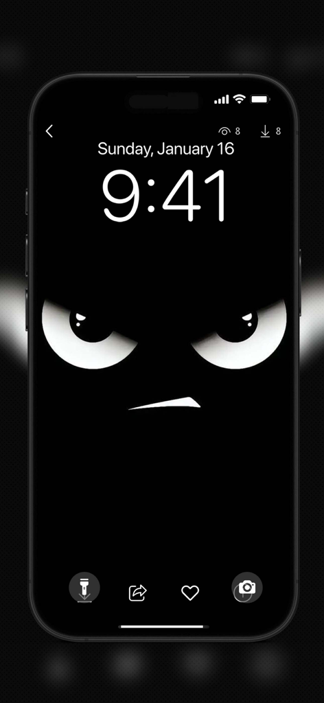 Silly Smile Wallpapers 4K Live - iPhone-Sperrbildschirm mit einem lustigen grimmigen Gesichts-Hintergrundbild auf schwarzem Hintergrund