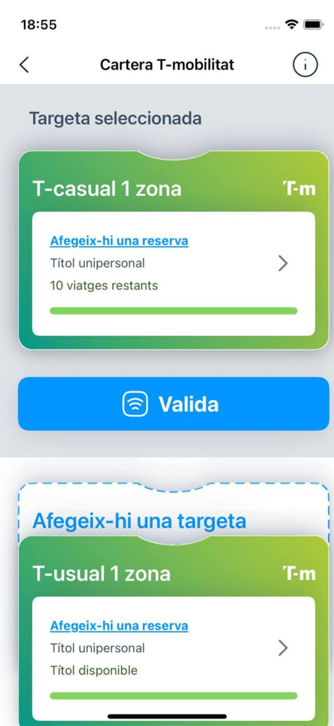 Cartera T-mobilitat - Tarjetas de transporte digital para el transporte público de Barcelona en la interfaz de la aplicación T-mobilitat
