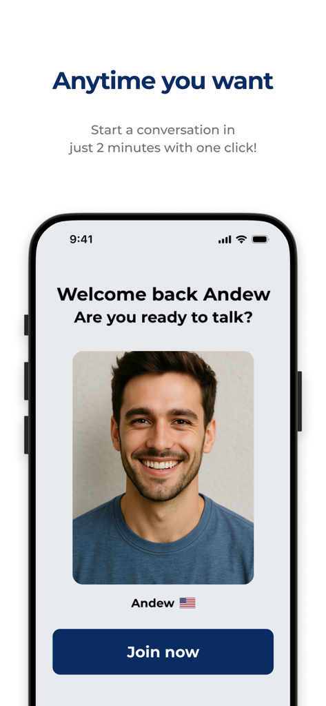 Tela de boas-vindas do aplicativo Episoden com um botão 'entrar agora' para começar a praticar conversação em inglês.
