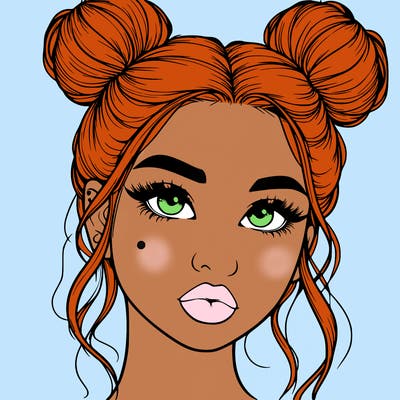 realistic girl with two buns on her hair and lips