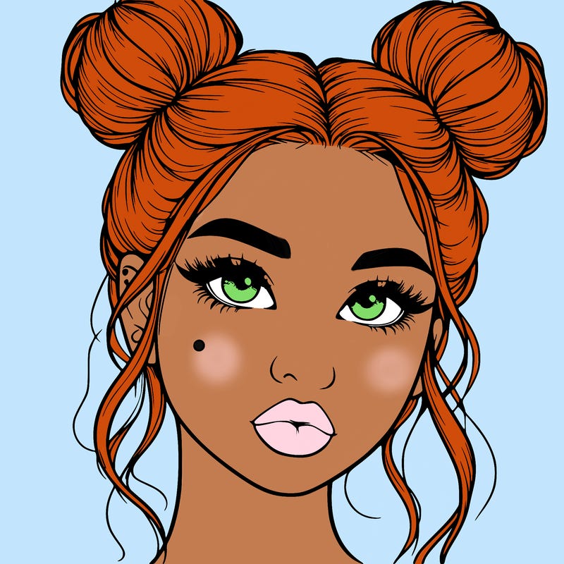 realistic girl with two buns on her hair and lips