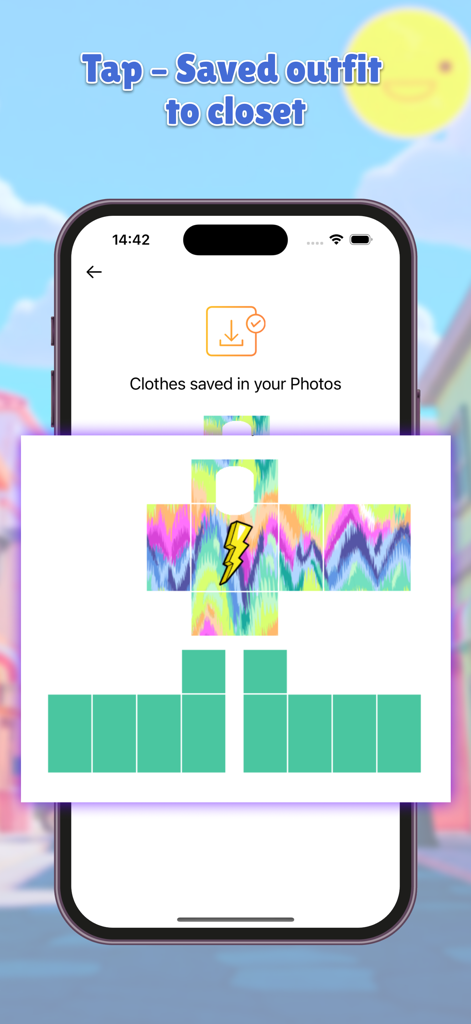 Avatar Clothes Maker Studio - Una colorida plantilla de skin de personaje teñida con un rayo guardada en la galería de fotos