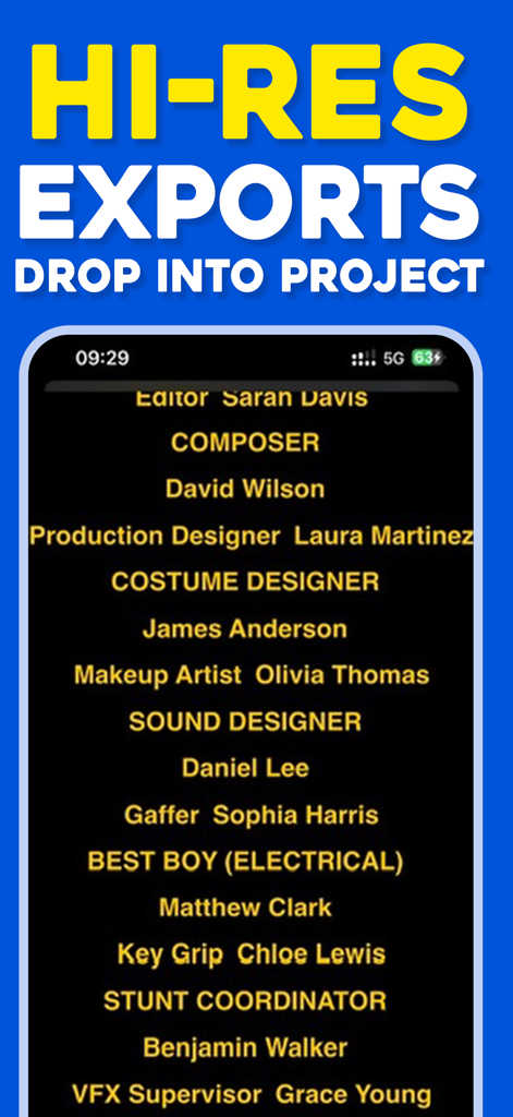 End Credits Maker: Roll Titles - Rolling film credits on a mobile app screen showing high resolution export capabilities