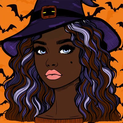realistic girl with wavy hair a witch hat and a nose and lips and eyes