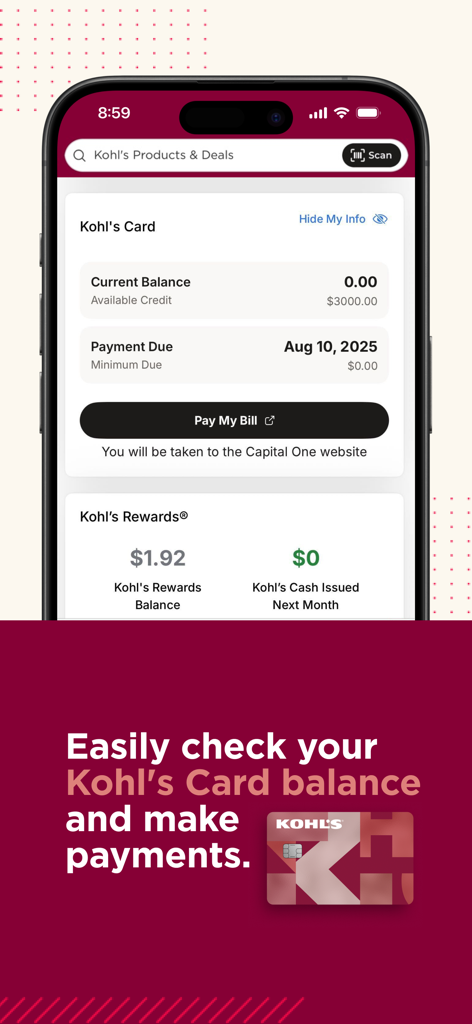 Écran de l'application Kohl's montrant la gestion du solde de la carte de crédit et les options de paiement
