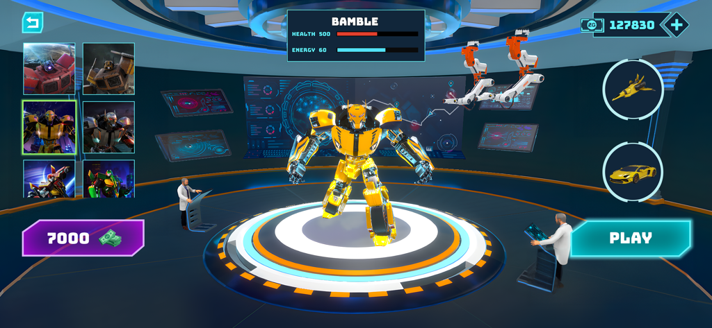 Ein Charakterauswahlbildschirm aus Robot Car Transform Battle, der einen gelben Kampfroboter in einer futuristischen Garage zeigt.