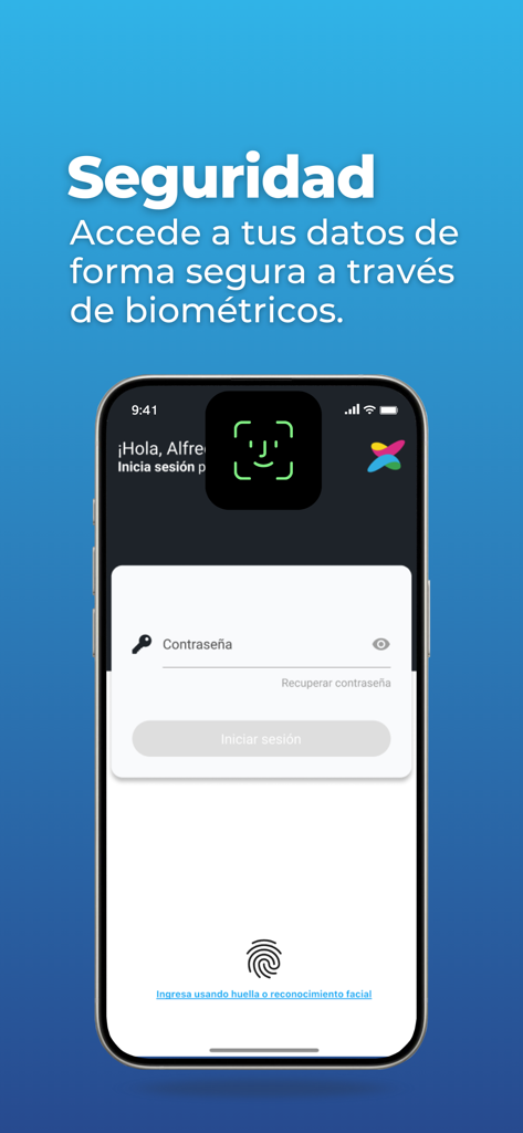 Vexi - Pantalla de seguridad de la app Vexi que muestra opciones de inicio de sesión biométrico, incluyendo reconocimiento facial y huella dactilar