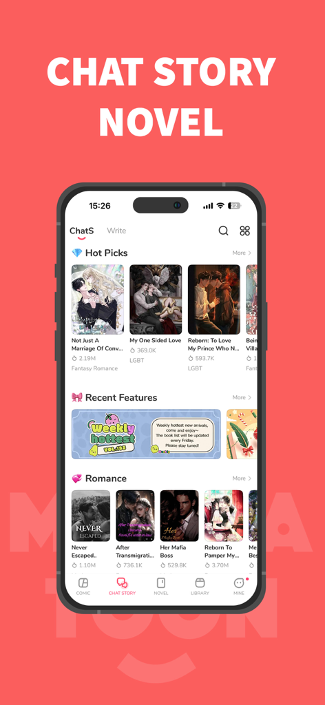 MangaToon mobile app interface showcasing chat stories and romance novels with popular title recommendations.