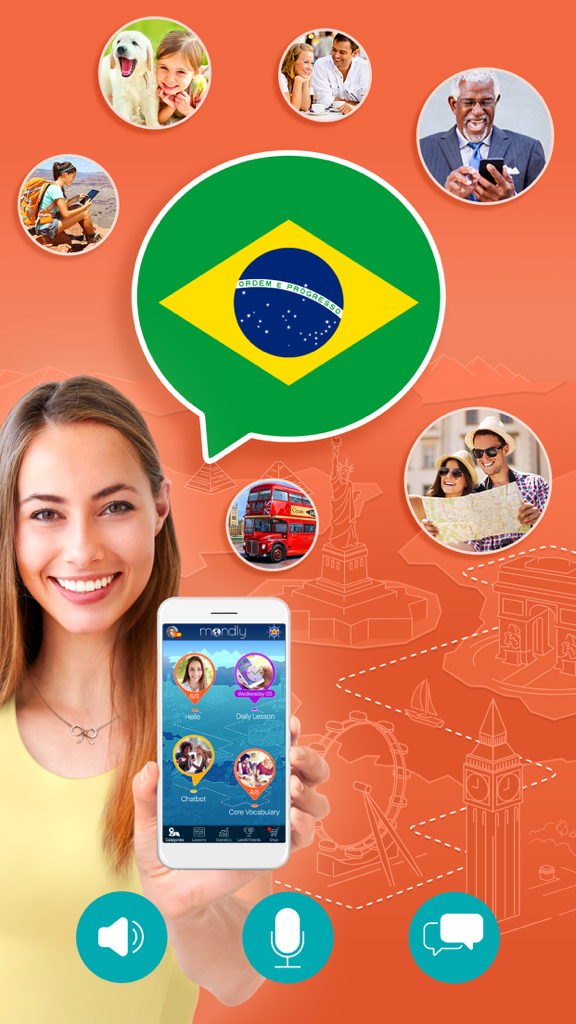 Learn Portuguese – Mondly - Una mujer sosteniendo un smartphone que muestra la interfaz de la aplicación Mondly para aprender portugués brasileño, rodeada de iconos de estilo de vida y viajes.