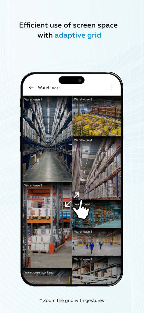 Eocortex - Eocortex mobile App-Oberfläche, die mehrere Überwachungskamerabilder eines Lagers in einem adaptiven Rasterlayout anzeigt.