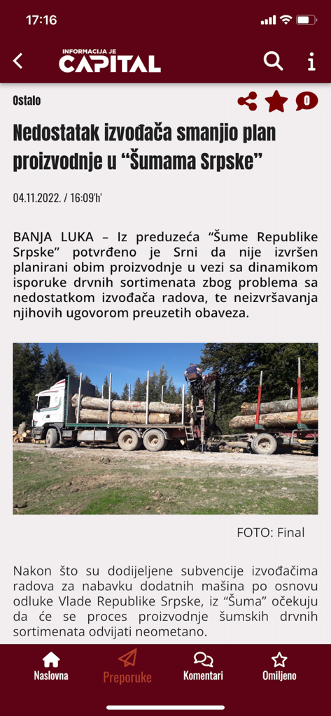 Captura de pantalla de la aplicación móvil Portal Capital mostrando un artículo de noticias empresariales sobre la industria forestal en Republika Srpska
