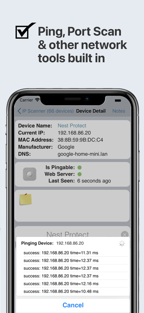 IP Scanner - App IP Scanner mostrando detalles técnicos de un dispositivo de hogar inteligente y un resultado de prueba de ping en vivo.