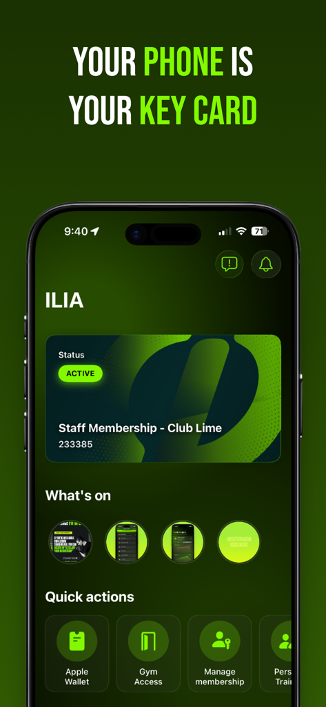 Club Lime App-Oberfläche, die digitalen Türzugang und aktiven Mitgliedsstatus auf einem Smartphone zeigt.