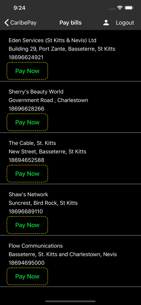 Mobile app interface showing a list of regional service providers in St Kitts and Nevis with Pay Now buttons.