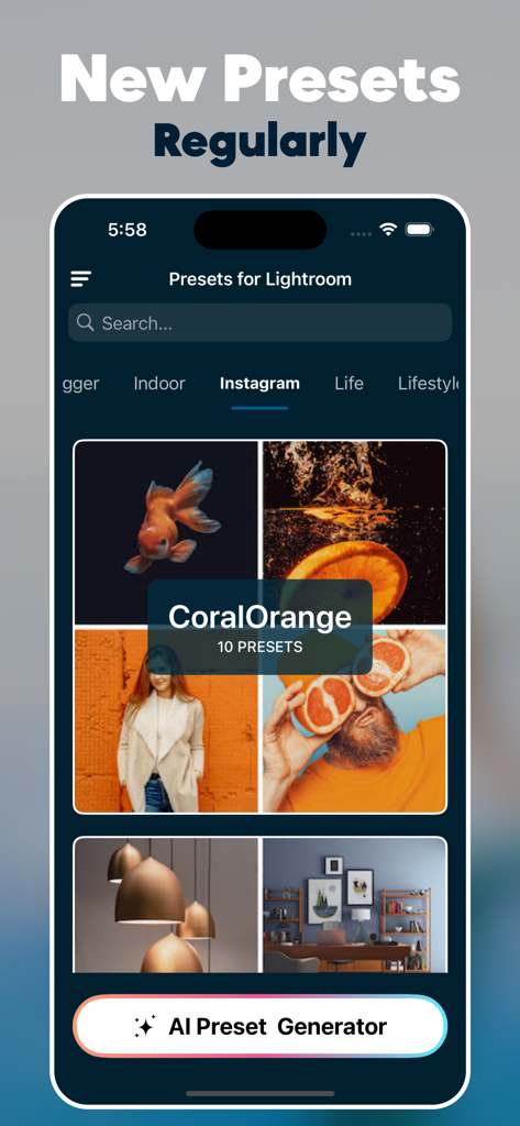 Presets for Lightroom : LRP AI - Interfaz de la aplicación móvil Presets para Lightroom LRP AI con presets de estética de Instagram y un botón generador de IA