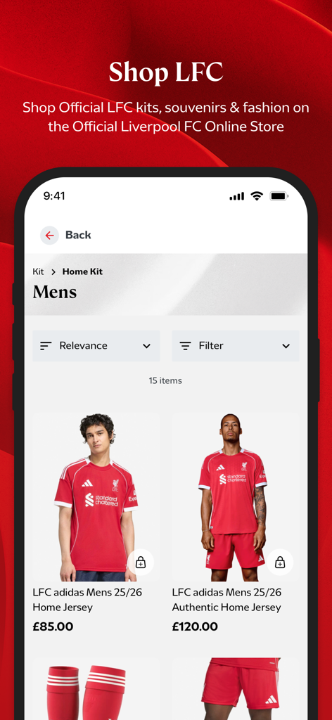 The Official Liverpool FC App - A screenshot of the official Liverpool FC app online store showing mens home jerseys