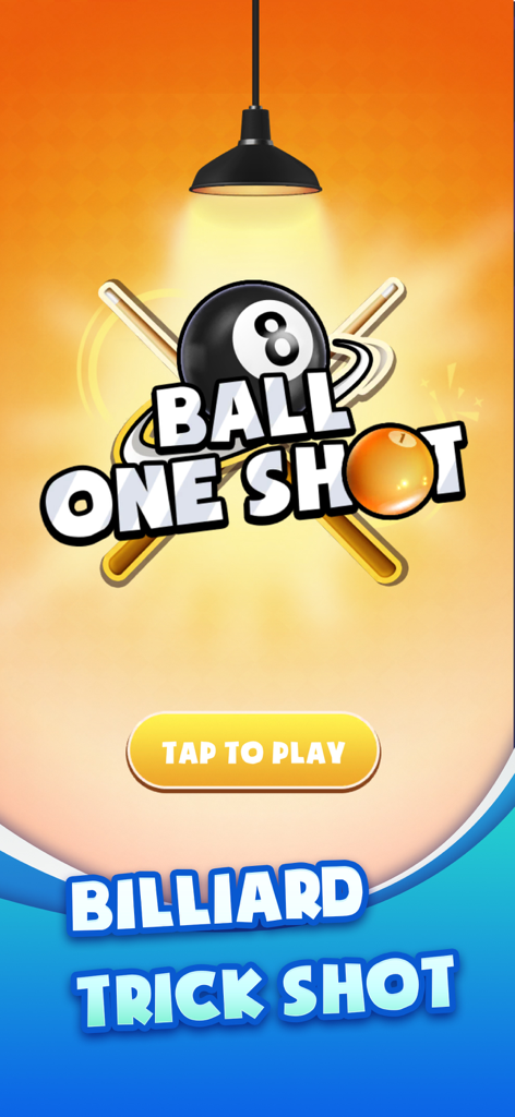 8 Ball Pool - 1 Shot - 8 Ball One Shot mobile game splash screen featuring an 8-ball logo, crossed pool cues, and a tap to play button.