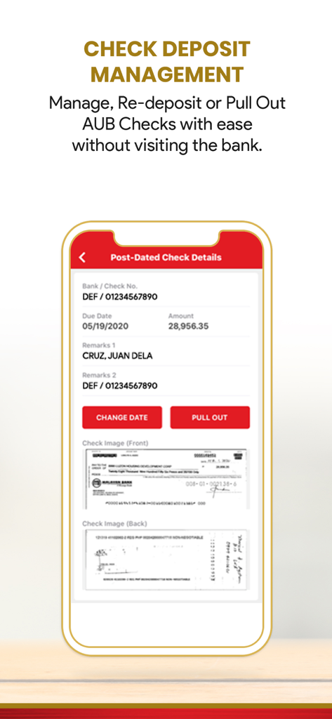 AUB - AUB mobile app screen showing post-dated check management with digital check images.