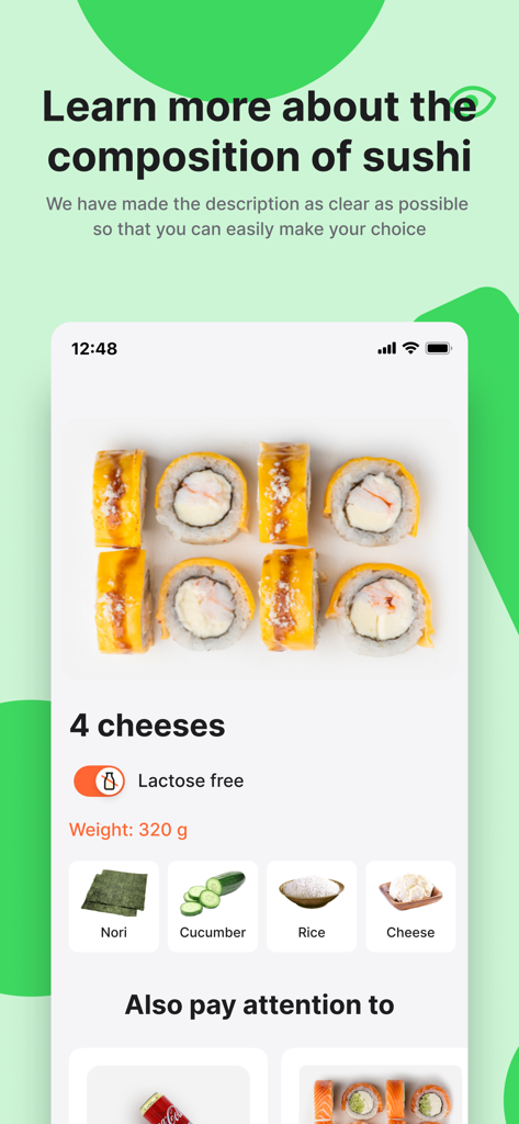 Ninja Sushi app interface showing detailed ingredients and lactose free labels for premium sushi rolls