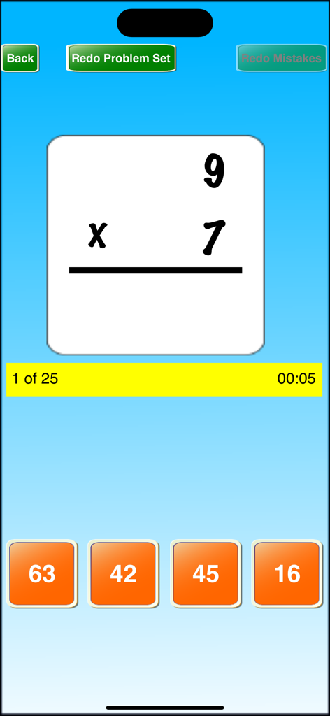 Ace Math Flash Cards - Ace Math Flash Cards app displaying a multiplication problem 9 times 7 with multiple choice answer options