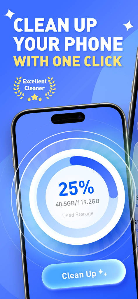 Pantalla de iPhone mostrando la aplicación One Cleaner con datos de uso de almacenamiento y un botón de limpieza con un clic
