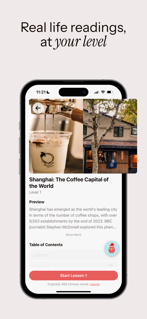 Read Bean - Read Bean app interface showing a real world reading lesson about coffee in Shanghai