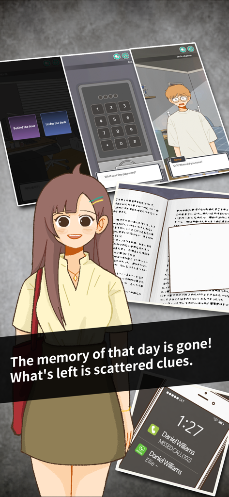 Vanished Anniversary - Una protagonista femenina parada frente a elementos de juego de misterio como registros telefónicos y pistas de evidencia