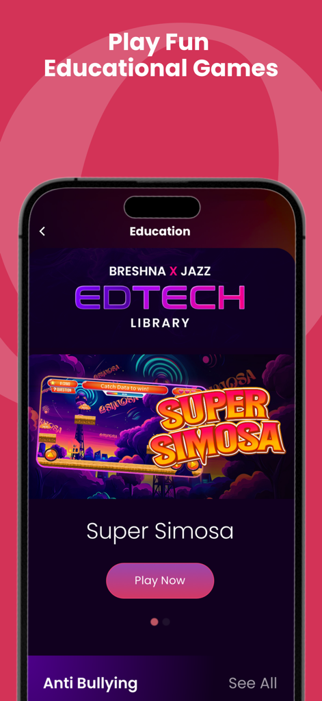 SIMOSA app showing the educational games section and Super Simosa game play button