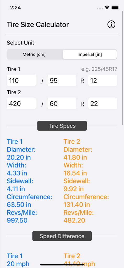 Interface de l'application Tire Size Calculator comparant le diamètre, la largeur et les spécifications du flanc pour deux tailles de pneus différentes