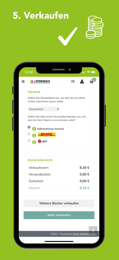 Studibuch app screen showing book resale value summary and shipping options