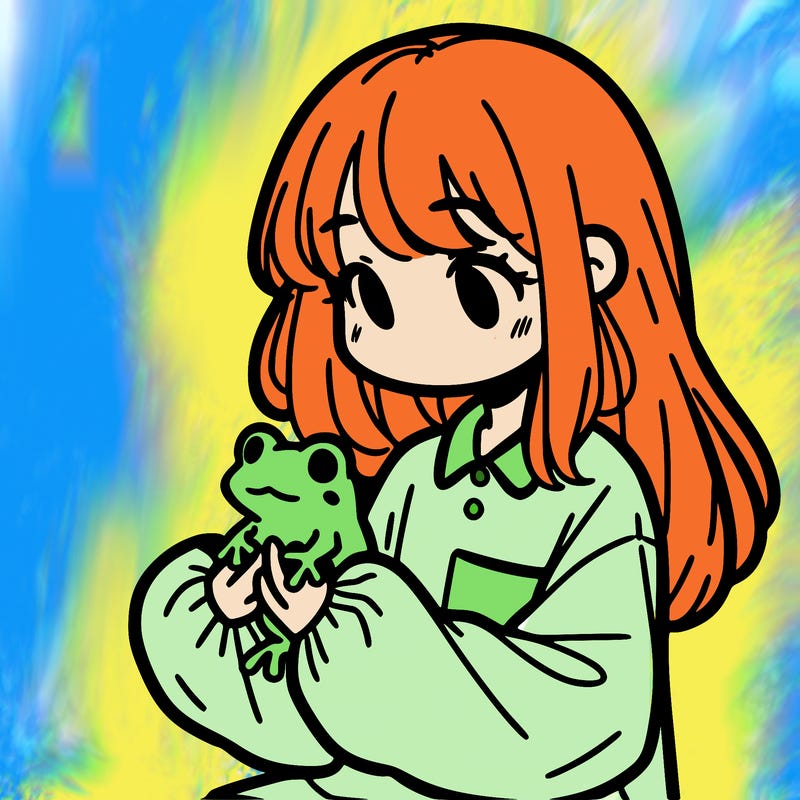 girl with long hair and a oversized shirt. and she is holding a frog