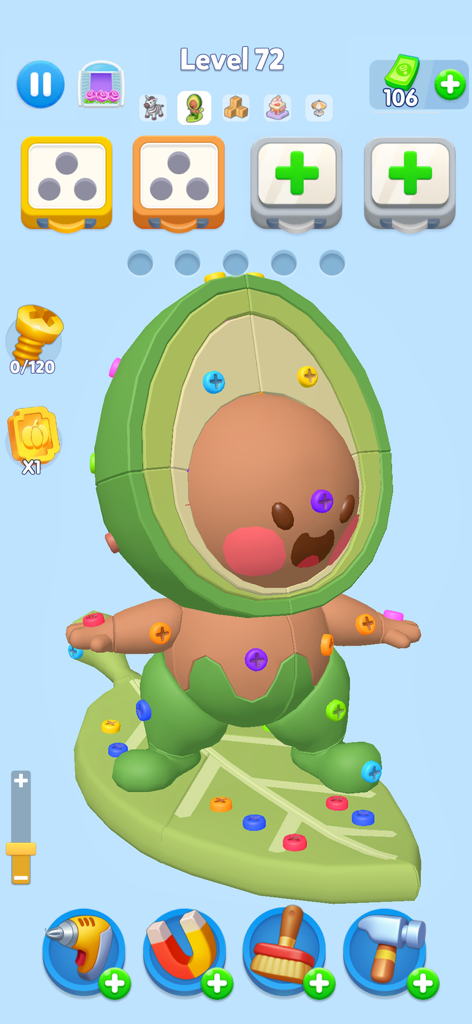 Happy Screw Trip 3D - Gameplay screenshot of Happy Screw Trip 3D featuring a 3D character in an avocado costume covered with colorful screws to be sorted.
