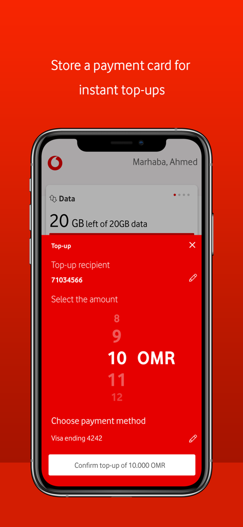 My Vodafone Oman - Mobile screen showing the top-up process in the My Vodafone Oman app with a stored payment card