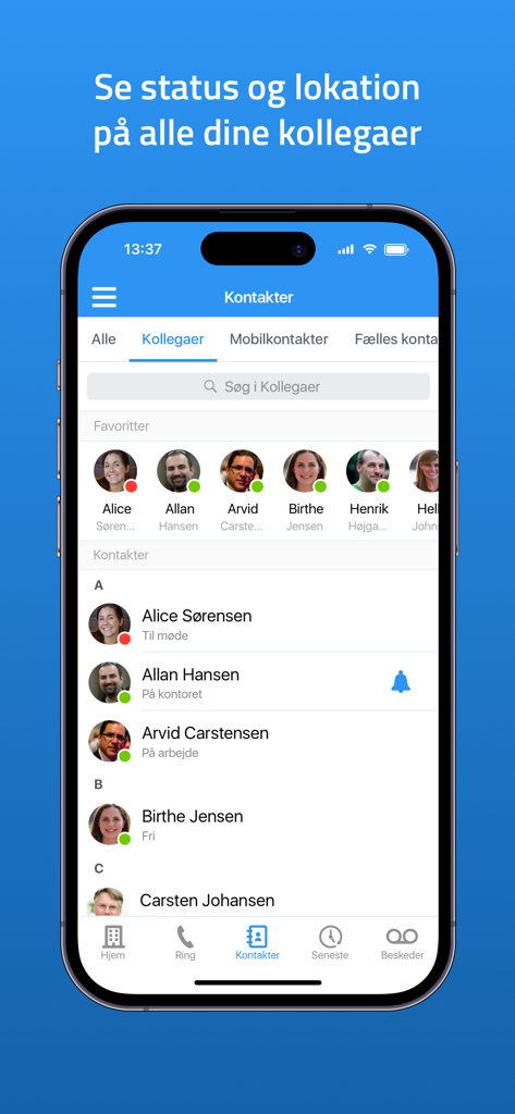 Myfone app interface displaying colleague contact list with availability status indicators