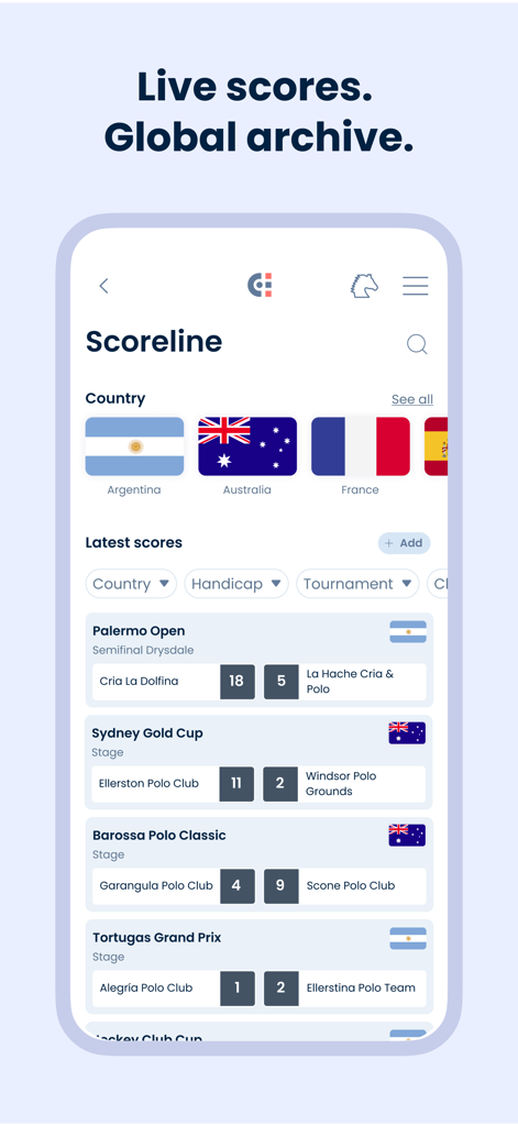 ChukkerApp - ChukkerApp mobile interface displaying live polo scores and global match results.