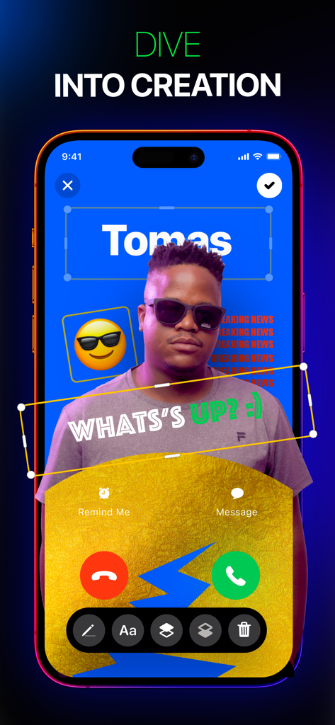 Contact Poster: Caller Screen - Mobile app interface for editing a personalized caller screen with photo and custom text