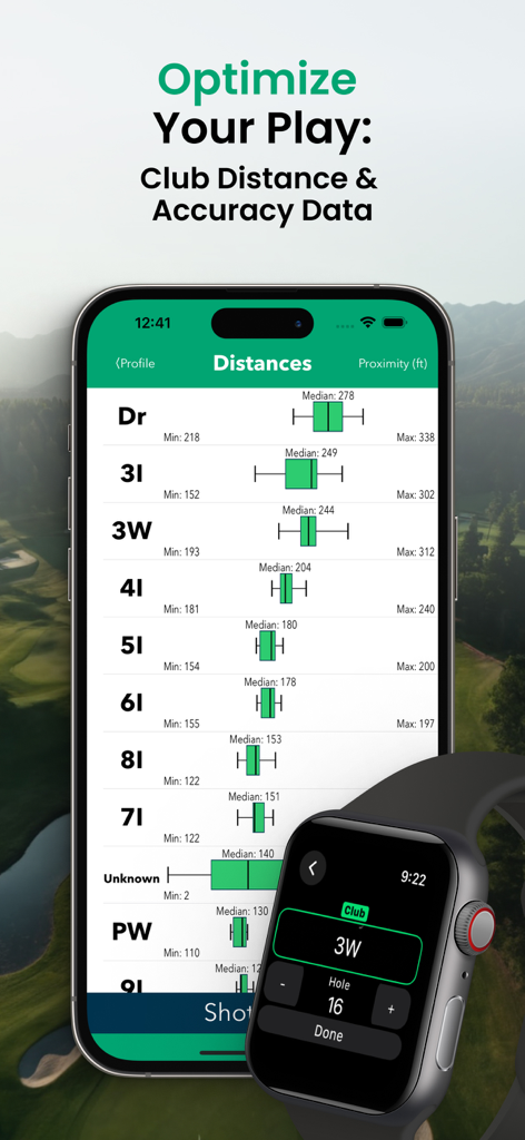 Roundabout - Golf GPS Tracker - iPhone and Apple Watch showing golf club distance ranges and accuracy metrics