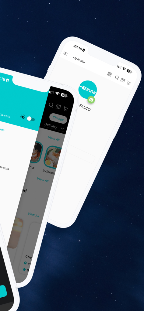 Enak - Food Delivery App - Smartphone screens displaying the user profile and restaurant menus within the Enak food delivery app