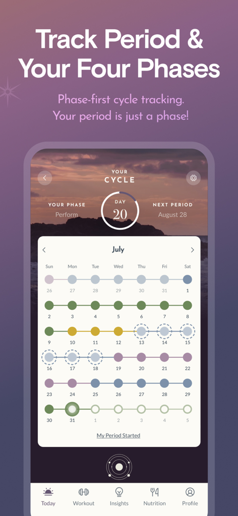 Smartphone screen showing the 28 app's monthly cycle calendar with color-coded phases.
