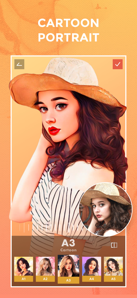 FilterRoom - Face Editor - A screenshot of the FilterRoom app interface showcasing the AI cartoon portrait effect on a woman wearing a hat with various filter presets at the bottom.