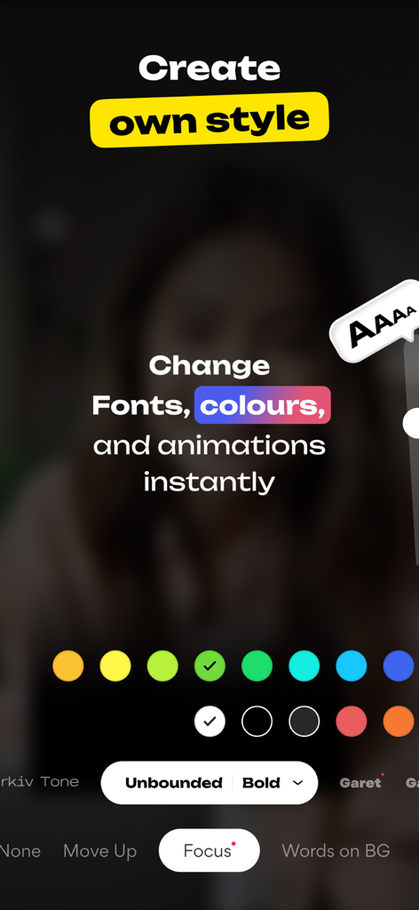 パーソナルブランディングのために動画キャプションのフォント、色、アニメーションを変更するツールを示すLiroアプリのインターフェース