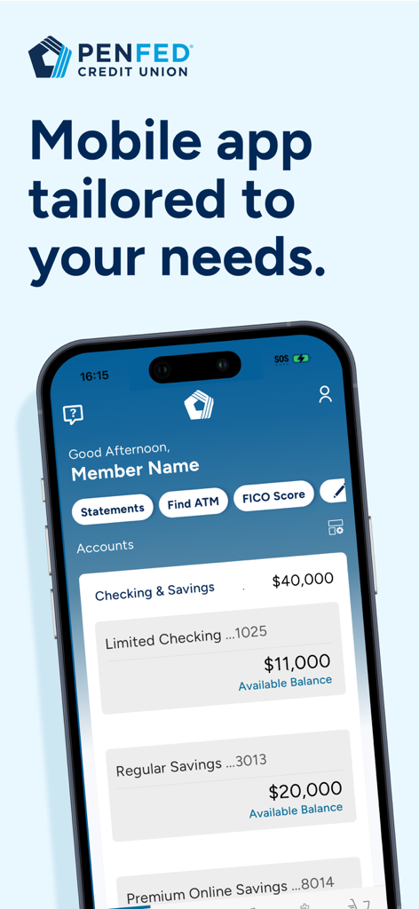PenFed Mobile - Tableau de bord de l'application PenFed Mobile affichant les soldes des comptes chèques et d'épargne