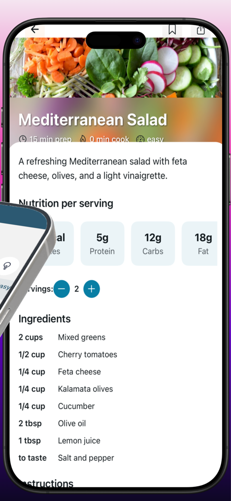 Calo AI - Calorie Counter - Interfaz de la aplicación Calo AI que muestra una receta de ensalada mediterránea con ingredientes e información nutricional