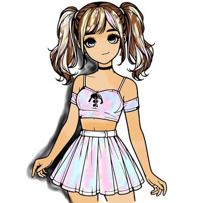 realistic girl in a skirt crop top and pigtails