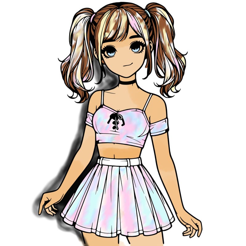 realistic girl in a skirt crop top and pigtails